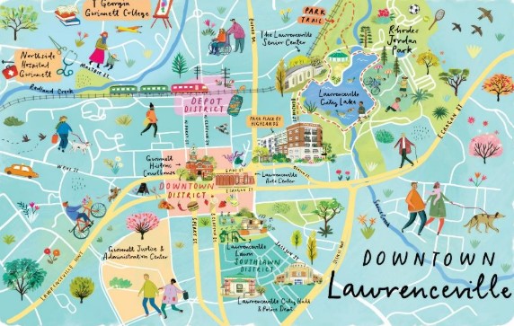Illustrated map showing Park Place by Highlands between Downtown Lawrenceville and Rhodes Jordan Park
