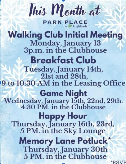 Park Place January schedule listing walking, breakfast and game clubs, happy hour, and a potluck