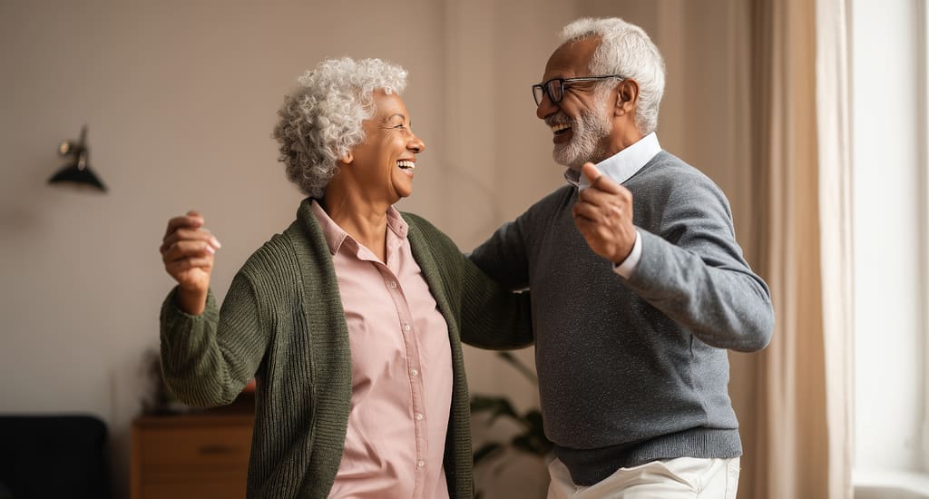 Older couple dancing together at home
