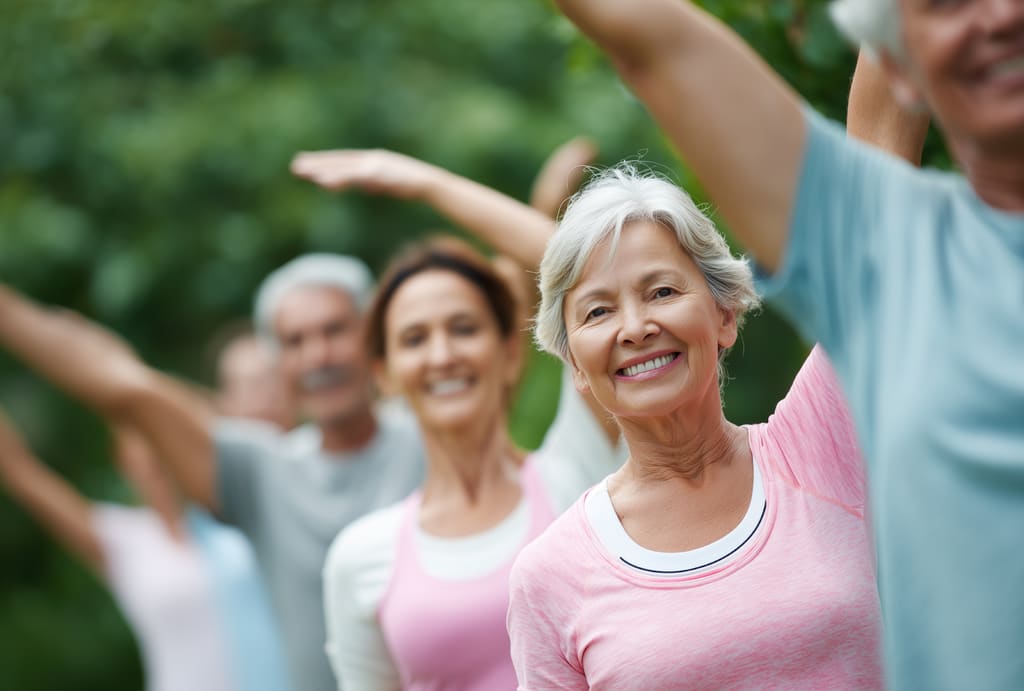 Older adults stretching together outdoors