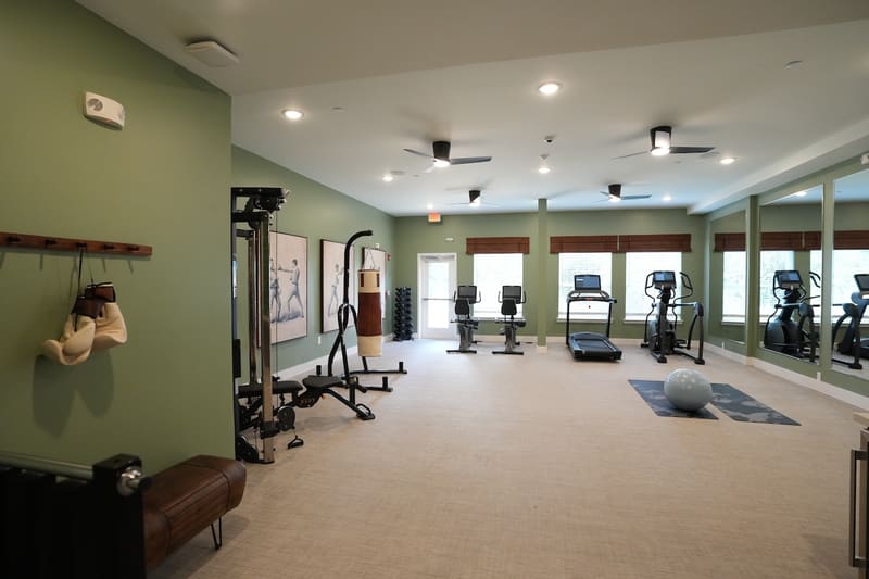 Fitness studio with treadmills, bikes, weights, and punching bag