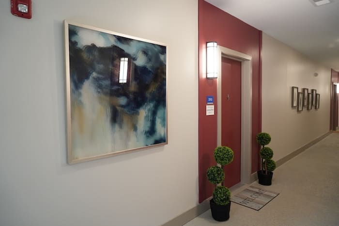 Apartment hallway with artwork and red accent wall