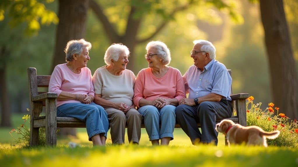 Four older adults talking on a park bench with a small dog nearby